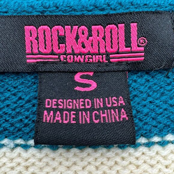 ROCK & ROLL COWGIRL Women Small Cream Red Blue Color block Sweater Fringe Tassel - Picture 4 of 10